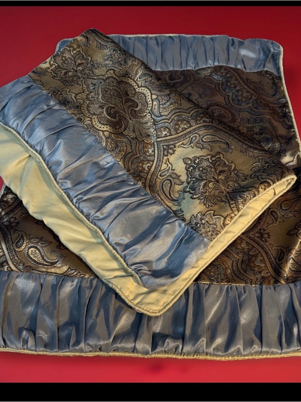JC Penney Home Expressions pillow cases Silk Paisley Blue Satin Trim